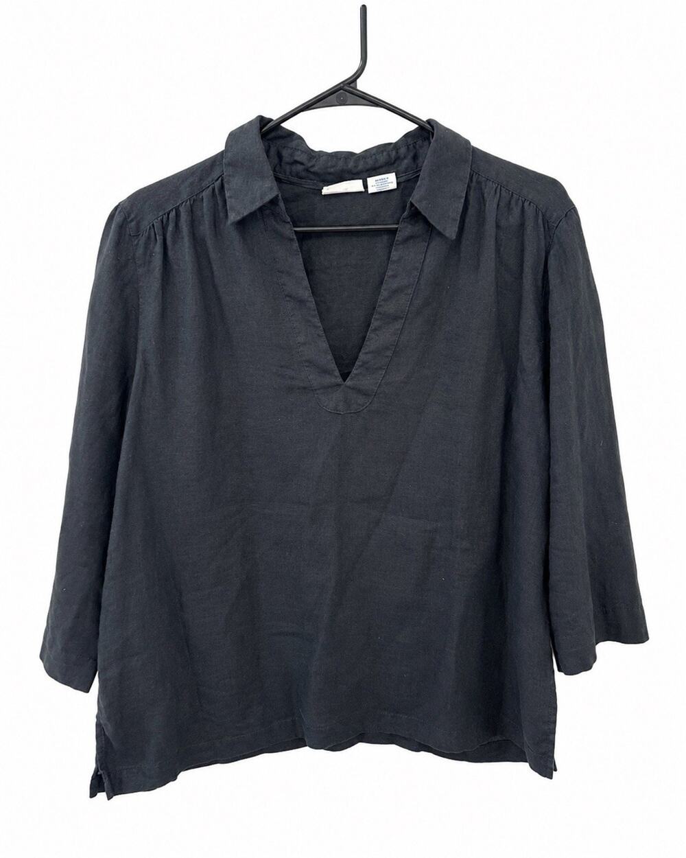Sigrid Olsen Womens Linen blouse Tunic Top Black V Neck Size L